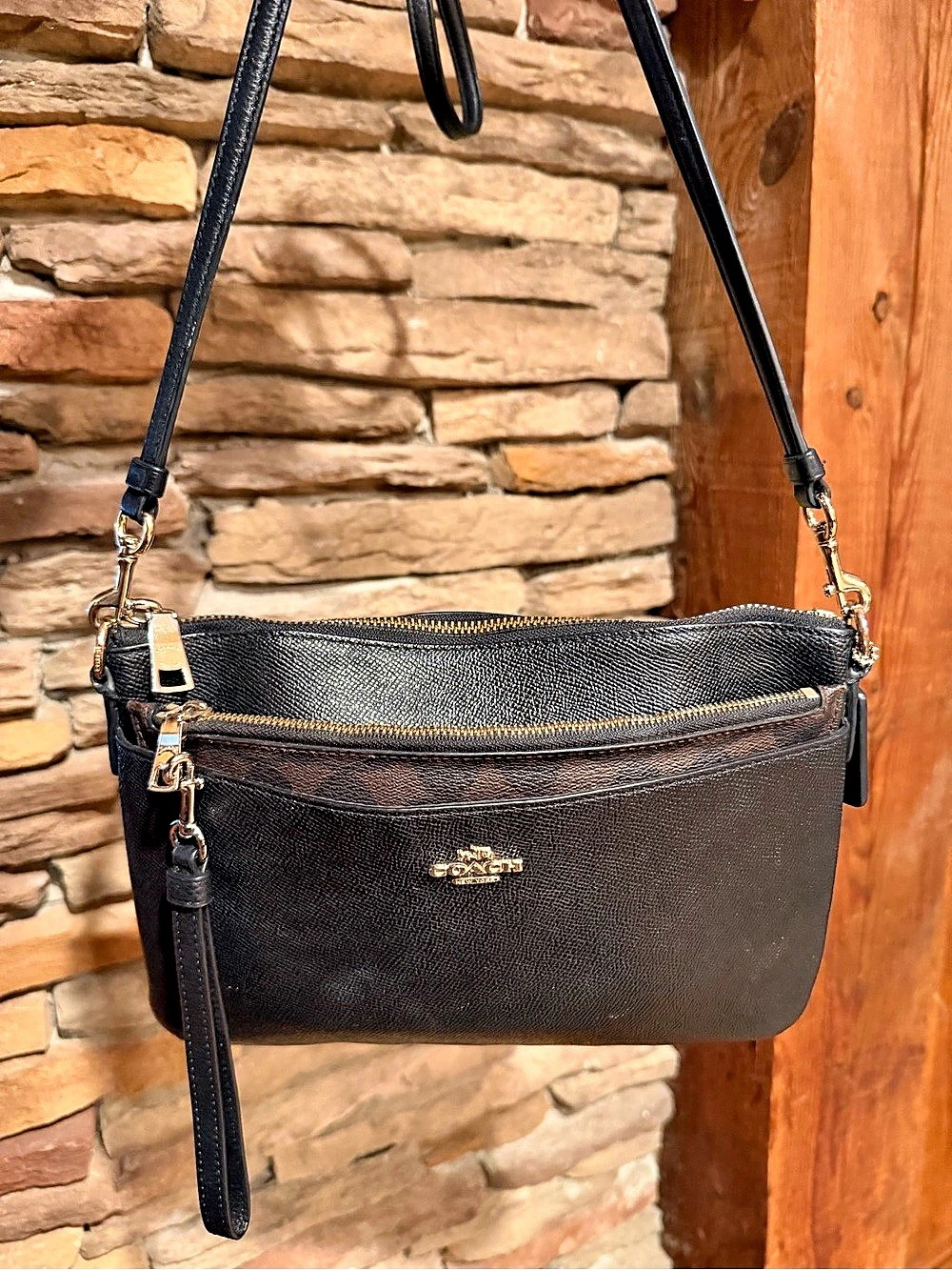 Coach 2 Bag Leather Wristlet Pouch Insert into Leather Crossbody Bag in